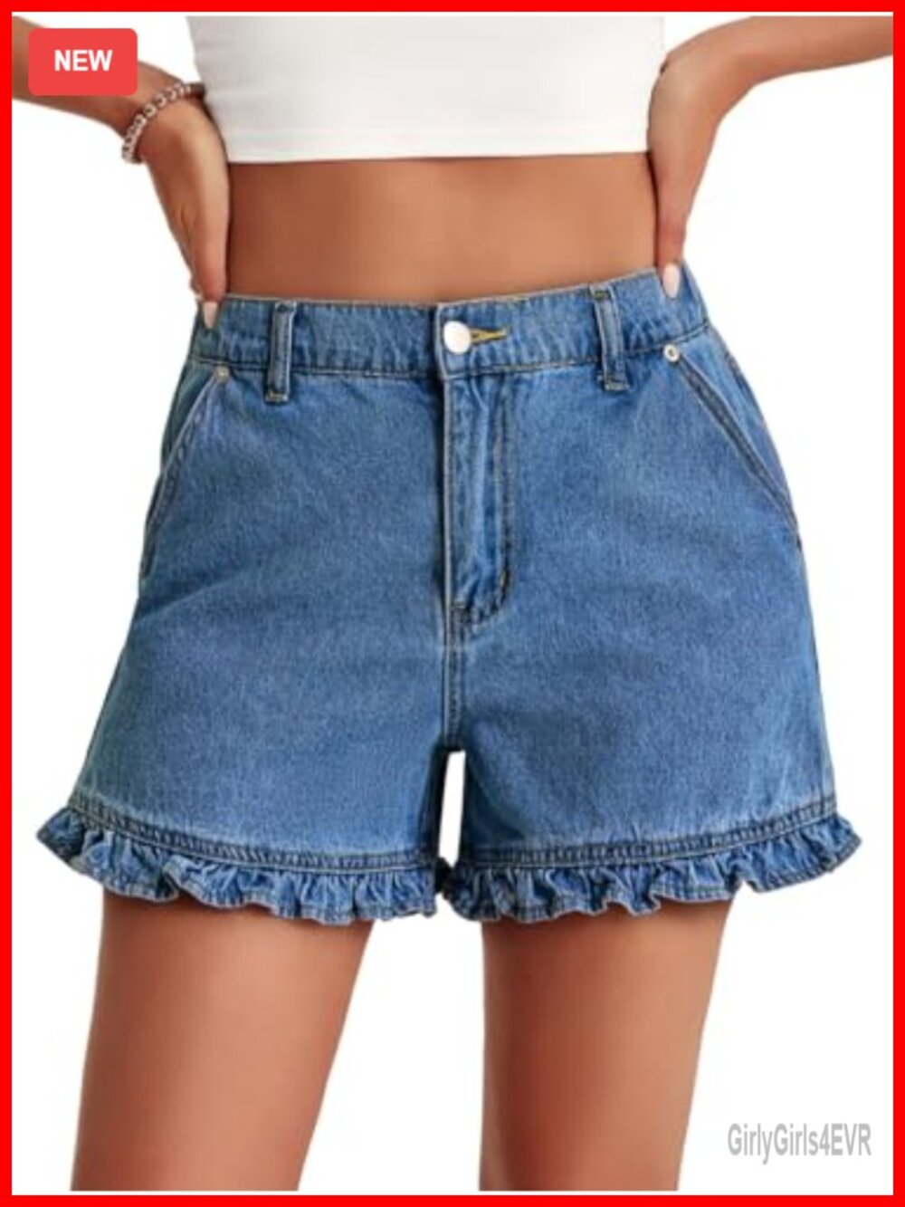 Women's High Rise Denim Shorts Ruffle Hem Lightweight Cotton Side Pockets